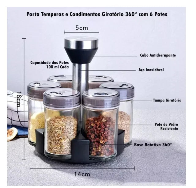 Porta Condimentos e Temperos Cozinha Giratório - Suporte com 6 Potes em Vidro + Suporte