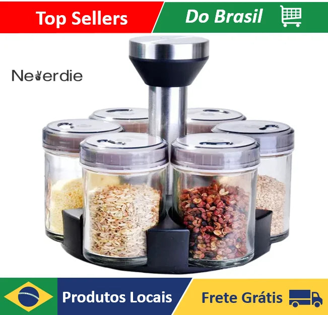 Porta Condimentos e Temperos Cozinha Giratório - Suporte com 6 Potes em Vidro + Suporte