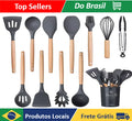 Kit de 12 Utensílios De Cozinha Em Silicone e Cabo De Madeira