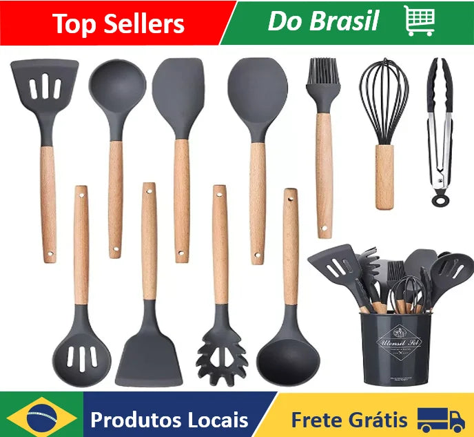 Kit de 12 Utensílios De Cozinha Em Silicone e Cabo De Madeira