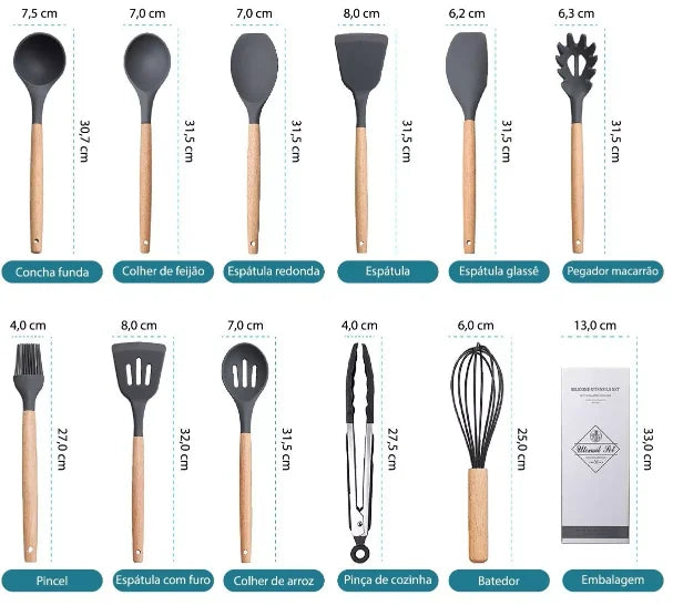 Kit de 12 Utensílios De Cozinha Em Silicone e Cabo De Madeira