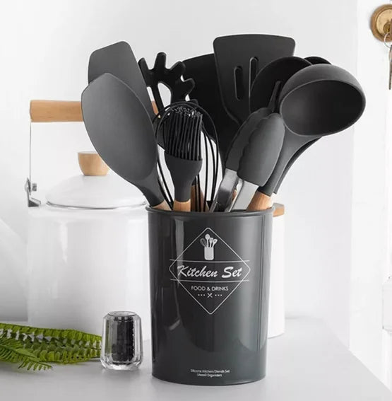 Kit de 12 Utensílios De Cozinha Em Silicone e Cabo De Madeira